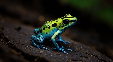 Obraz premium Vivid poison dart frog on damp log, bright warning colors, rainforest biodiversity focus for education, conservation stories, zoo materials, science posts