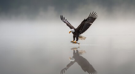 Obraz premium Bald eagle landing on calm lake surface in mist, powerful wildlife moment, freedom and conservation theme for posters, education, travel headers
