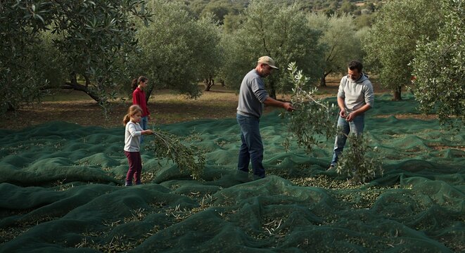 Family harvesting olives on nets under trees, tradition, teamwork and food origins, agriculture and sustainability story for travel, education, brand content