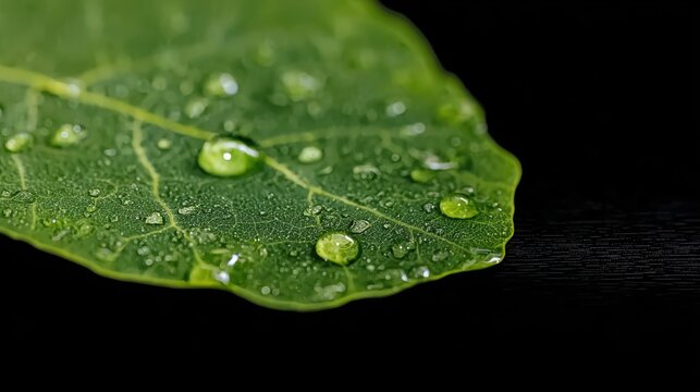 Close-up shot of dewdrops on fresh green kale, suitable for posters, apps, or educational materials on nutrition.