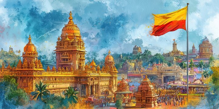 Abstract kannada day watercolor card illustration.