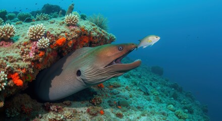 Fototapeta premium Moray eel lunging from reef crevice at small fish, vivid underwater moment, behavior, predation and coral habitat focus for education, conservation, travel, posters