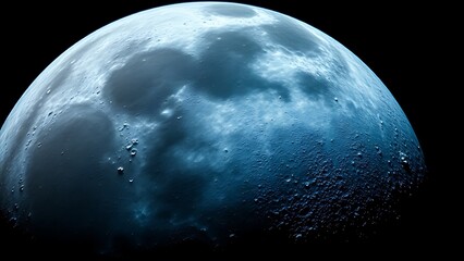 Detailed view of the moon's surface with craters, glowing blue against the darkness of space.