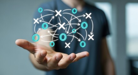 Strategic Planning Hologram Displayed Over Hand: Abstract Business Solution and Goal Achievement Concept