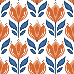 Seamless floral pattern with abstract tulips and leaves in terracotta and blue. Folk and Scandinavian style. Vector illustration. Design for textiles, wallpapers, packaging, and digital backgrounds.