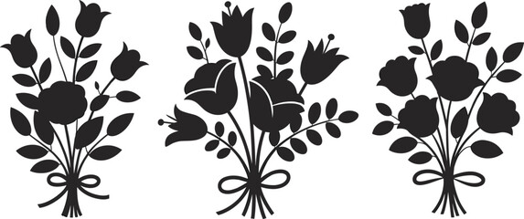 Floral bouquet silhouette, elegant black flower bunch, botanical clipart for wedding, spring decoration, romantic vector art, nature inspired design