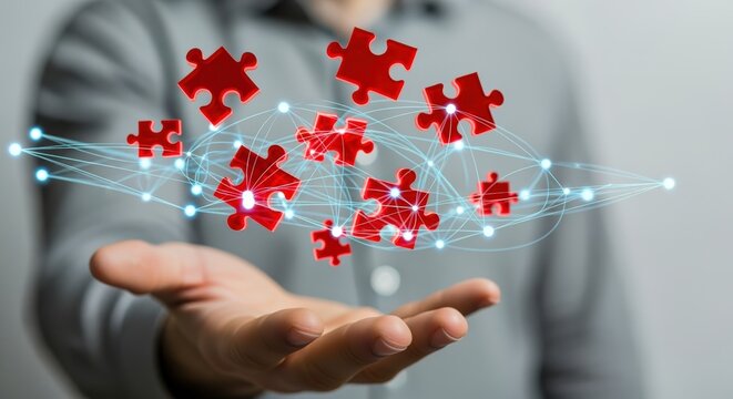 Person Presenting a Hologram of Puzzle Pieces Representing Problem Solving, Strategy and Connectivity in Business