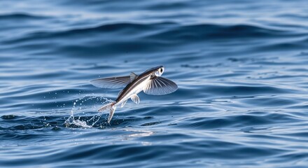 Obraz premium Flying fish gliding above ocean surface, splash trail, dynamic wildlife moment for education, travel, conservation, science posts