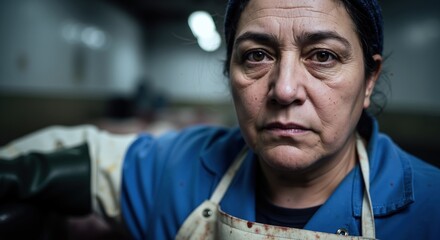 Tired meat plant worker in protective gear, tough shift portrait, labor, safety and food supply story for reports, NGO posts, industry materials