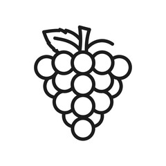 A simple, black outline illustration of a bunch of grapes, featuring individual spheres and a leaf. The image is on a white background