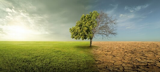The Striking Contrast of a Tree Between Flourishing Green and Barren Ground