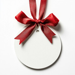 White round tag with red satin ribbon bow on white background label gift tag