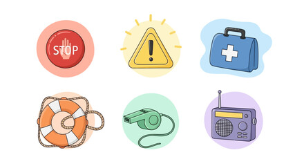 Fototapeta premium Colorful safety equipment icon set with stop sign, hazard, first aid kit, lifesaver, whistle, and radio