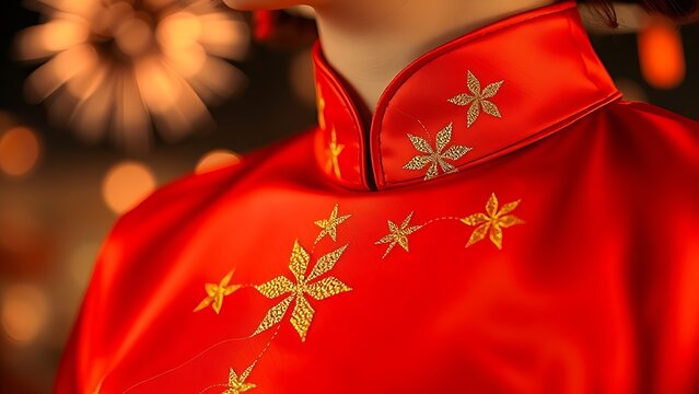 Ao dai collar embroidered with golden star motifs flows gracefully in rich red silk, with soft bokeh of fireworks.