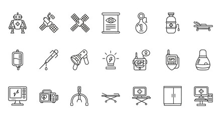 Fototapeta premium Medical Healthcare Technology Outline Icon Set: Robotic, Hospital Equipment