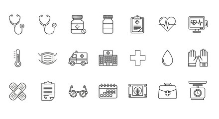 Line art Medical icon set featuring healthcare equipment and symbols