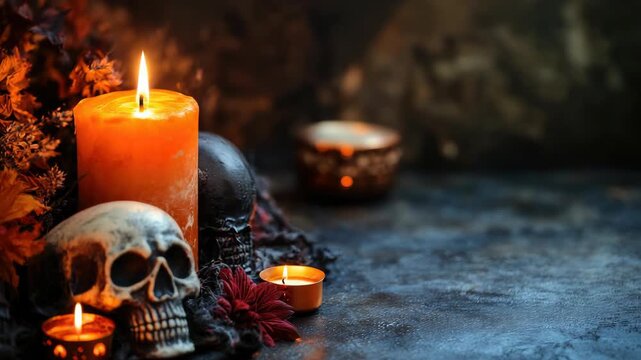 Illuminated skull and candles with dark floral decor Spooky, atmospheric setting for Halloween or Gothic-themed events