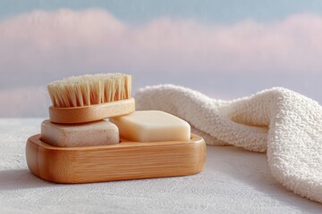 A curated still life presents a serene scene of self-care with wooden soap, brush, towel, embodying the essence of relaxation and hygiene.