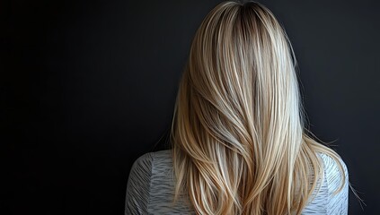 Naklejka premium Blonde woman with long straight layered hair shown from behind against dark background, demonstrating modern hairstyling and highlighting techniques.