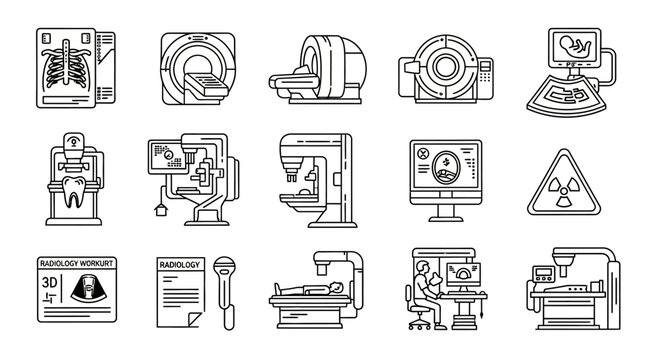Modern radiology and medical scanning equipment line art icon set for healthcare diagnostics