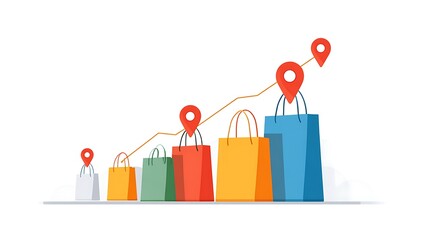 Shopping bag growth chart with location pins.