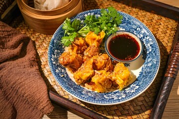 Chinese Steamed Dumpling and steamed stuff bun ,a steamed dumpling with the dough gathered at the top.shumai, morning breakfast