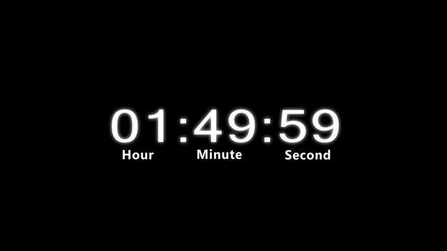 animation of two hours countdown on transparent background with alpha channel, 2 hour timer countdown animation on black background.