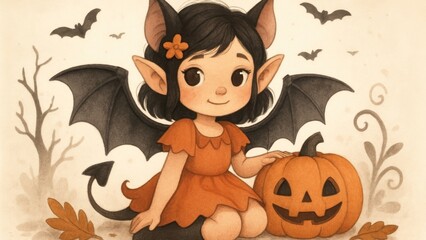 Fototapeta premium Cute Halloween bat girl illustration.