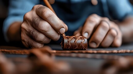 African American artisan crafting intricate pattern on leather material, close-up view of hands working with traditional leatherworking tools and techniques.