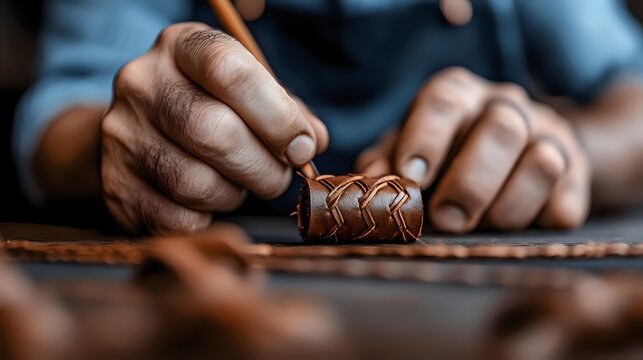 African American artisan crafting intricate pattern on leather material, close-up view of hands working with traditional leatherworking tools and techniques.