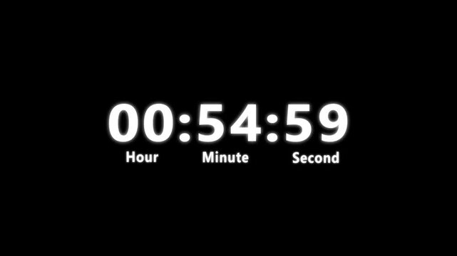 Animated Digital one hours countdown timer in one minute 1 hour countdown, timer animation in sixty seconds on black background.