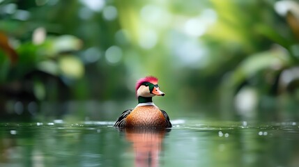 Male wood duck with distinctive red crest and iridescent plumage floating peacefully on calm water surface with soft bokeh background and reflection.