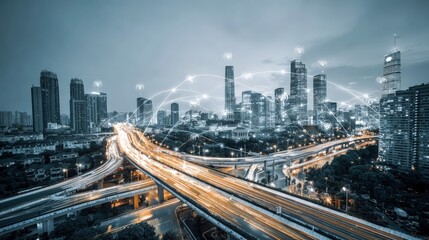 Fototapeta premium Cityscape at Night with Overlayed Network Connections, Emphasizing Modern Connectivity and Urban Technology