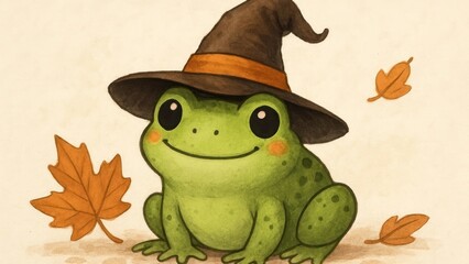 Fototapeta premium Cute frog wearing witch hat