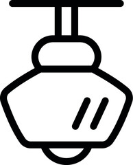 Simple black and white line drawing of a funicular cable car hanging from a cable, transporting passengers up a mountain