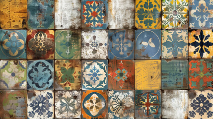 A collection of colorful, square tiles with intricate patterns and designs, arranged in a grid-like formation, creating a visually appealing mosaic with a rustic and vintage aesthetic.