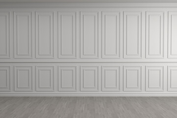Classic interior with blank wall, panel, moldings. 3d render illustration mock up.
