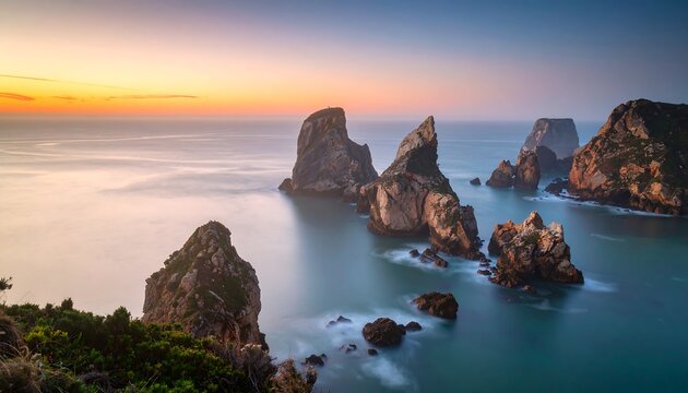 Serene coastal sunset view of dramatic rock formations emerging from calm ocean waters