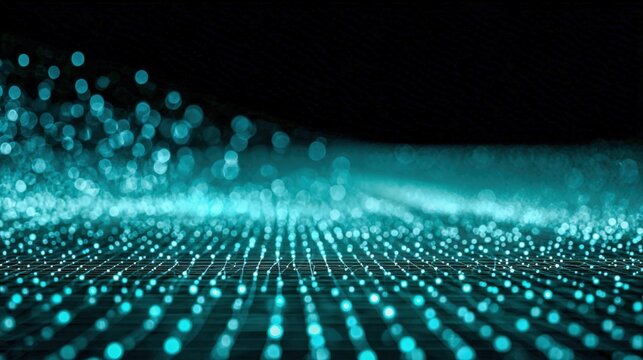 Abstract Turquoise Dots Pattern on Black Background, Modern Tech Visualization, Digital Art Illustration