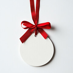 White circular tag with red ribbon bow hanging label blank