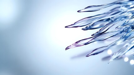 Macro shot of transparent water drops forming elongated crystal-like shapes against blurred blue background, creating abstract natural pattern with light reflections.