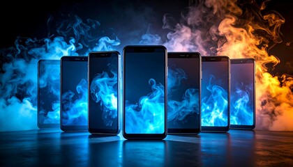 Six smartphones arranged in a semi-circle, backlit with vibrant blue and orange flames and smoke