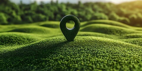Location pin marker on green rolling hills landscape with sunlight. Conceptual business navigation and destination point visualization for maps and GPS services.