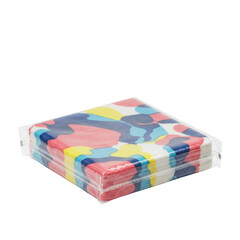 Rectangular package of colorful, abstract patterned disposable paper napkins, 6x6 inches, visible through clear film, sleek, unwrinkled, on a transparent seamless studio background, isolated,