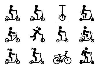 Diverse people riding scooters unicycles and bicycles person © pixelVista