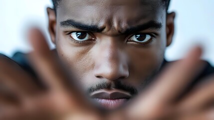 Close up portrait of young African American male model with intense gaze and dramatic lighting, hands framing face in foreground creating depth and emotion.