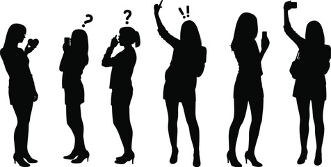 PrintSilhouette of woman using smartphone, confused, surprised, texting, selfie, mobile addiction, communication gesture vector illustration, black shadow art
