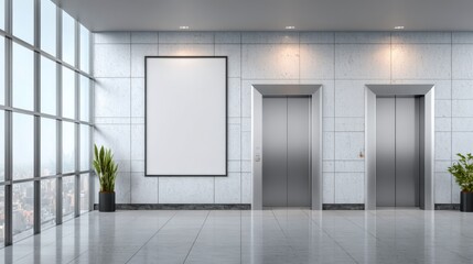 Modern Office Lobby with Blank Poster, Elevators, and Large Windows Mockup for Advertising
