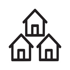 A simple black outline icon of three houses arranged in a triangular formation on a white background