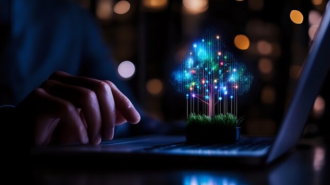 Glowing digital tree hologram emerging from laptop keyboard in dark room with bokeh lights, representing growth and technology innovation in business.